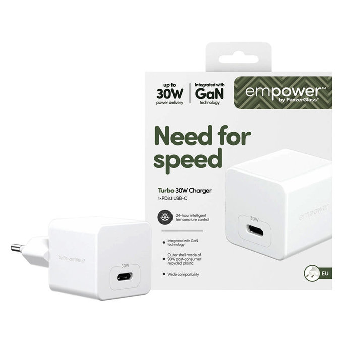 Potovalni adapter Grand Prix USB-C, GaN, 30 W PD, srebrno-bel, empower