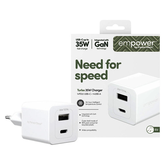 Potovalni adapter Grand Prix USB-C/USB-A, GaN, 35 W PD, srebrno-bel, empower