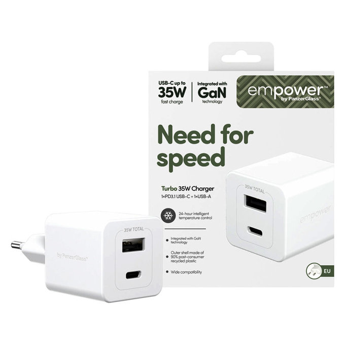 Potovalni adapter Grand Prix USB-C/USB-A, GaN, 35 W PD, srebrno-bel, empower