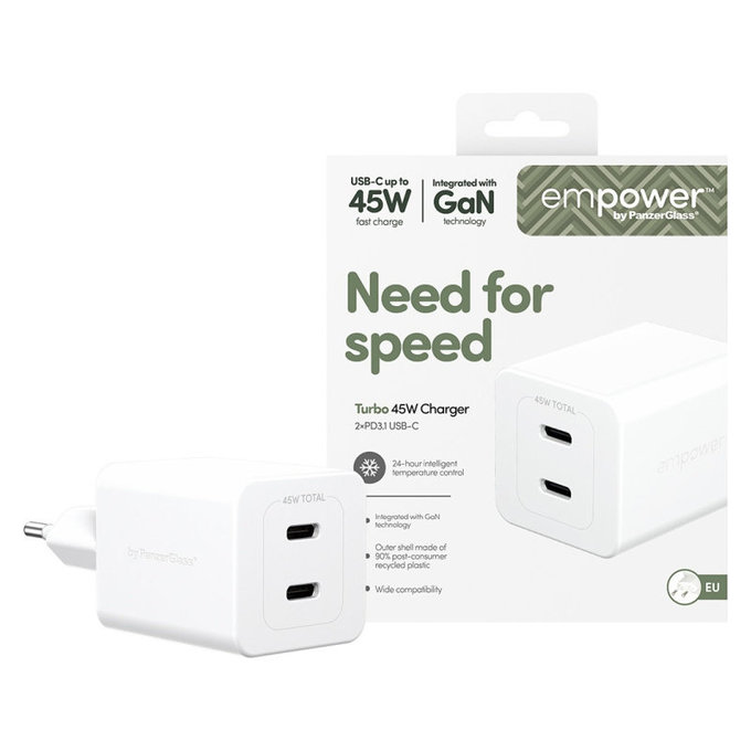 Potovalni adapter Grand Prix 2x USB-C, GaN, 45 W PD, Srebrno-bela, empower