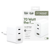 Potovalni adapter Grand Prix 2x USB-C/USB-A, GaN, 70 W PD, Srebrno-bela, empower