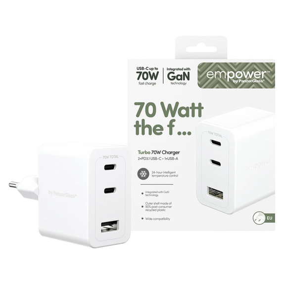 Potovalni adapter Grand Prix 2x USB-C/USB-A, GaN, 70 W PD, Srebrno-bela, empower