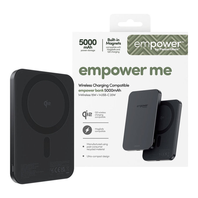 Brezžična PowerBank 5000 mAh, 20 W, združljiva z MagSafe, Qi2/USB-C, Space Black, empower