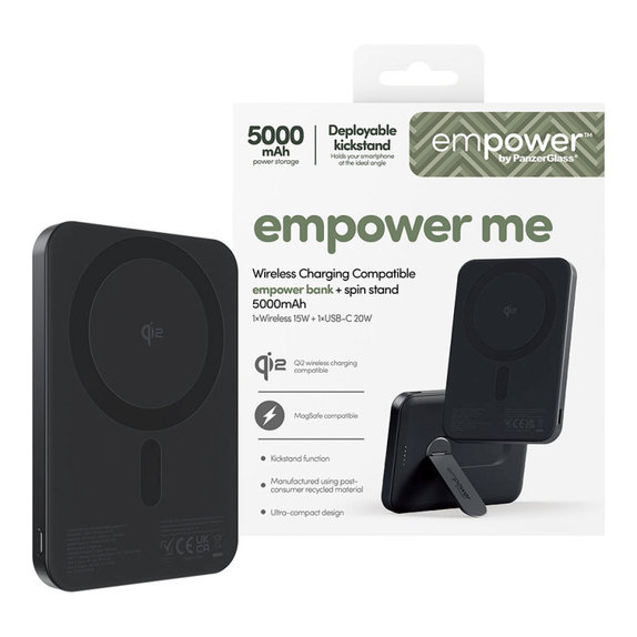 Brezžična PowerBank 5000 mAh z vrtljivim stojalom, 20 W, združljiva z MagSafe, Qi2/USB-C, Space Black, empower
