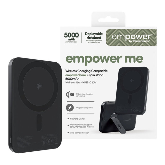 Brezžična PowerBank 5000 mAh z vrtljivim stojalom, 20 W, združljiva z MagSafe, Qi2/USB-C, Space Black, empower