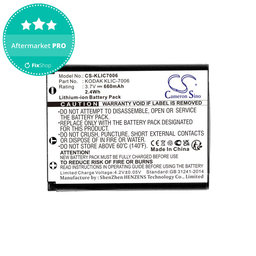 Baterija za Kodak EasyShare, 660mAh, Li-Ion, 3.7V, LB-012, KLIC-7006, HQ