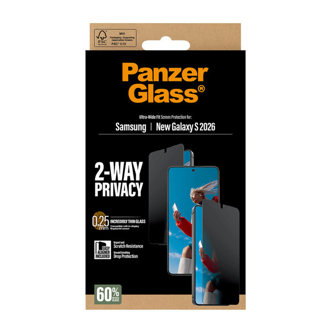 PanzerGlass - UWF 2-Way Privacy kaljeno steklo z aplikatorjem Samsung Galaxy S26, prozorno
