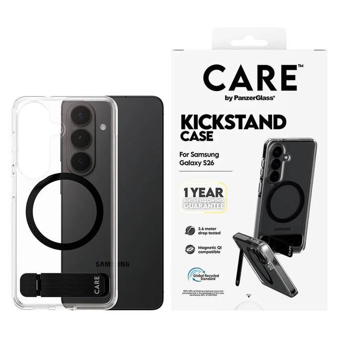 Ovitek Kickstand s črnim QI za Samsung Galaxy S26, Prozorna, PanzerGlass