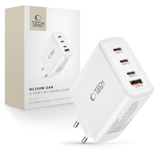 Omrežni polnilnik NC100W-GAN 4-PORT PD 100W / QC3.0, bela, Tech-Protect