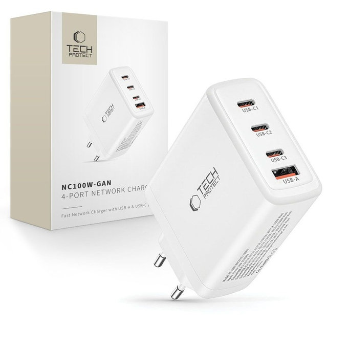 Omrežni polnilnik NC100W-GAN 4-PORT PD 100W / QC3.0, bela, Tech-Protect