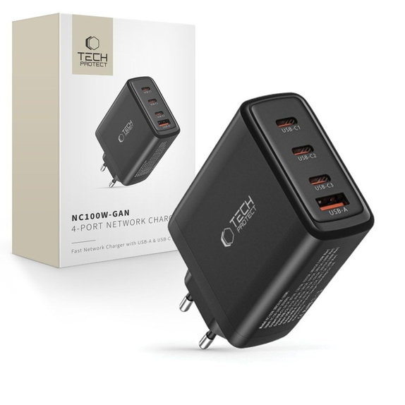 Omrežni polnilnik NC100W-GAN 4-PORT PD 100W / QC3.0, črna, Tech-Protect