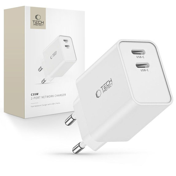 Omrežni polnilnik C35W 2-PORT PD 35W, bela, Tech-Protect