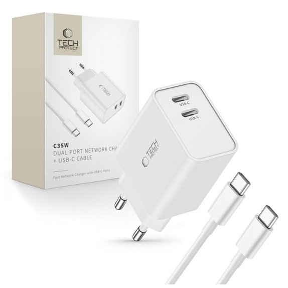Omrežni polnilnik C35W 2-PORT PD 35W + USB-C Cable, bela, Tech-Protect