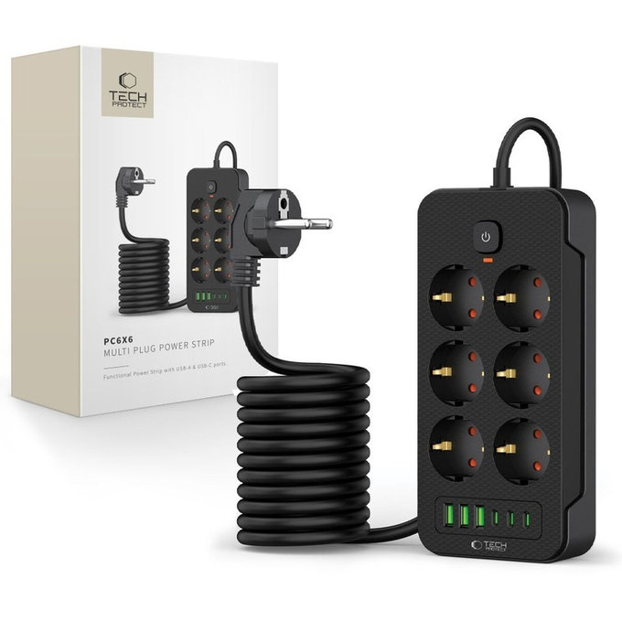 Omrežni polnilnik PC6X6 Power Strip 3 USB & 3 USB-C & 6 Socket 200cm, črna, Tech-Protect