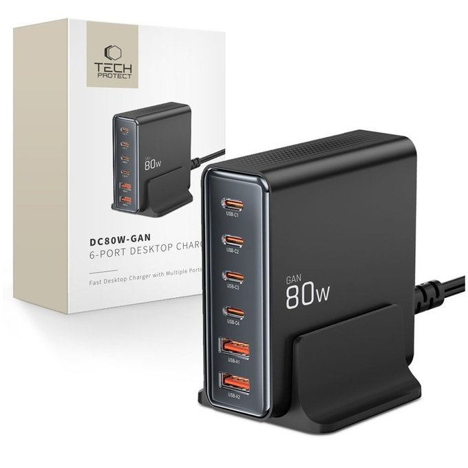 Omrežni polnilnik DC80W-GAN 6-PORT PD 80W / QC3.0, črna, Tech-Protect