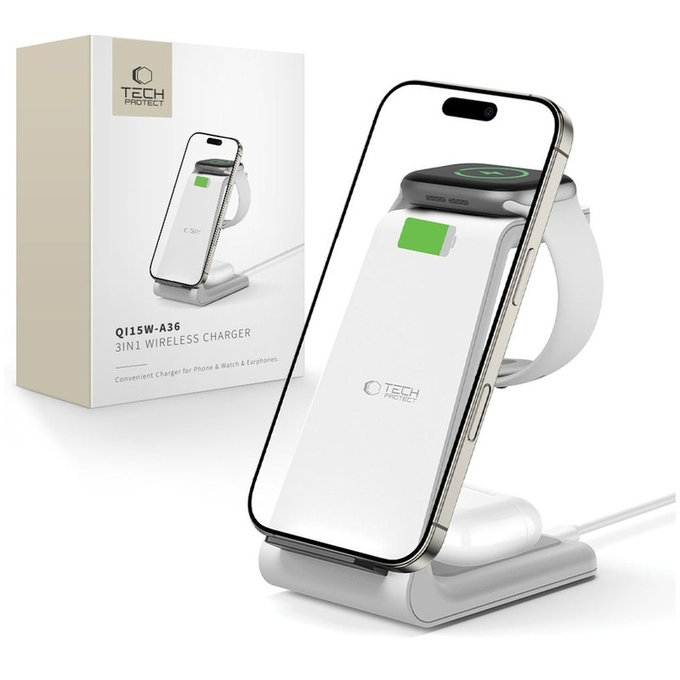 Brezžični polnilnik QI15W-A36 3IN1 for Apple, bela, Tech-Protect