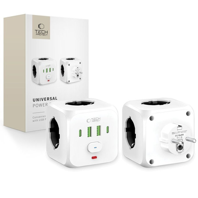 Omrežni polnilnik PCL3X4 Power Socket 2 USB & 2 USB-C & 3 Socket, bela, Tech-Protect