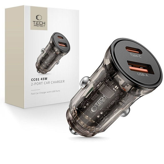 Avtopolnilnik CC01 2-PORT PD 45W / QC3.0, črna, Tech-Protect
