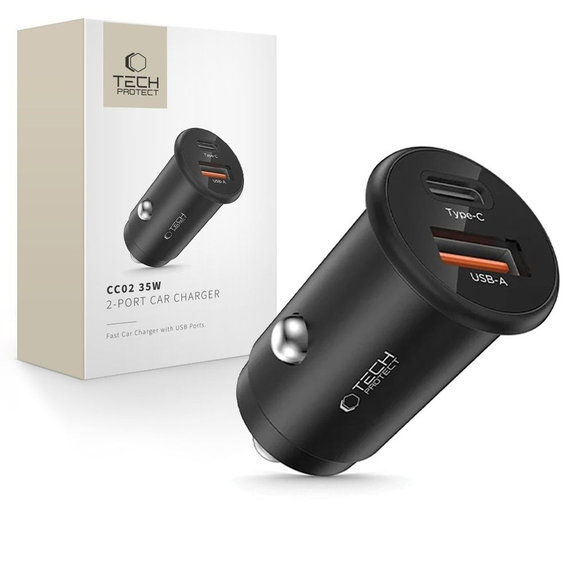 Avtopolnilnik CC02 2-PORT PD 35W / QC3.0, črna, Tech-Protect