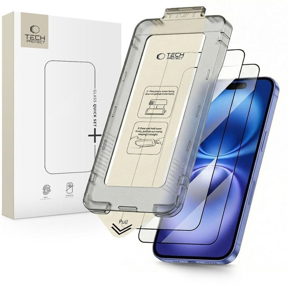 Kaljeno steklo Quick Set+ 2-PACK za iPhone 15 / 16, črna, Tech-Protect