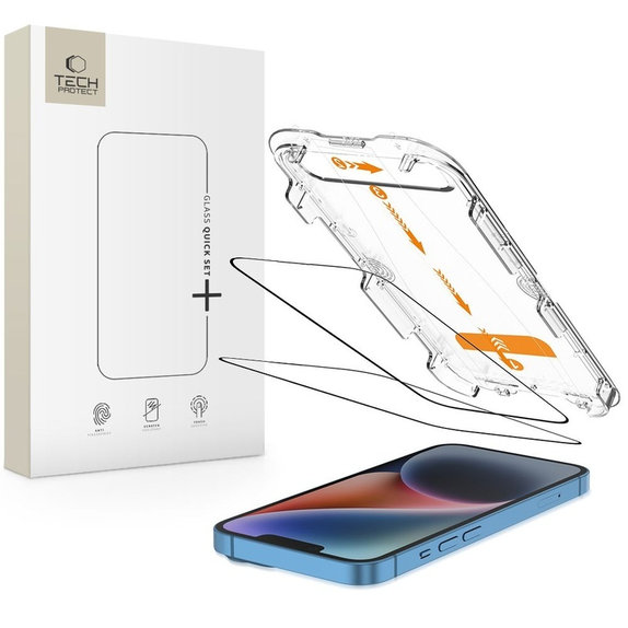 Kaljeno steklo Quick Set+ 2-PACK za iPhone 13 / 13 Pro / 14 / 16E / 17E, črna, Tech-Protect