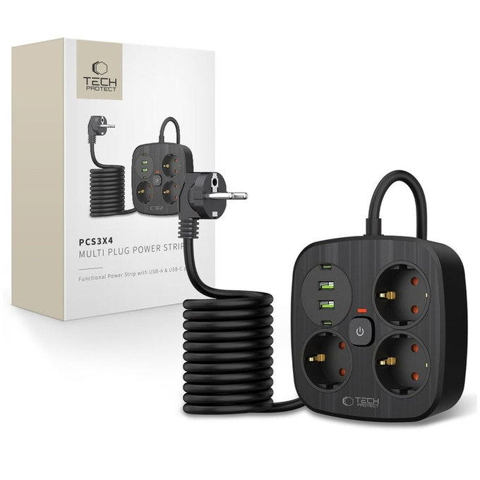 Omrežni polnilnik PCS3X4 Power Strip 2 USB & 2 USB-C & 3 Socket 200cm, črna, Tech-Protect