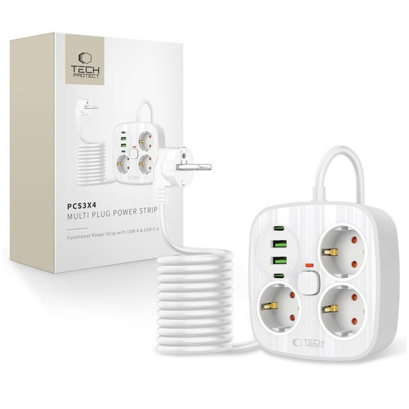 Omrežni polnilnik PCS3X4 Power Strip 2 USB & 2 USB-C & 3 Socket 200cm, bela, Tech-Protect