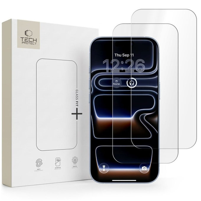 Kaljeno steklo Glass Fit+ 2-PACK za iPhone 16 Pro / 17 / 17 Pro / 18 Pro, prozorna, Tech-Protect