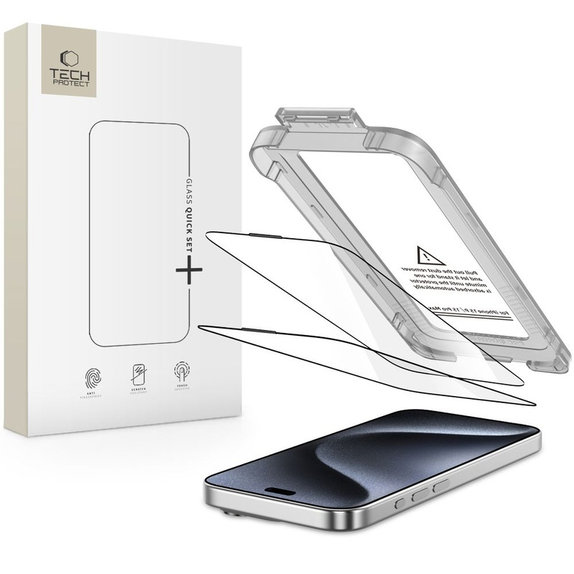 Kaljeno steklo Quick Set+ 2-PACK za iPhone 15 Pro, črna, Tech-Protect