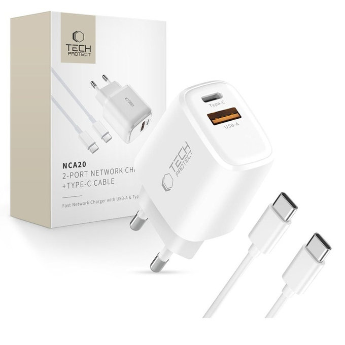 Omrežni polnilnik NCA20 2-PORT PD 20W / QC3.0 + USB-C Cable, bela, Tech-Protect