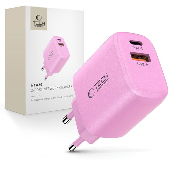 Omrežni polnilnik NCA20 2-PORT PD 20W / QC3.0, Baby Pink, Tech-Protect