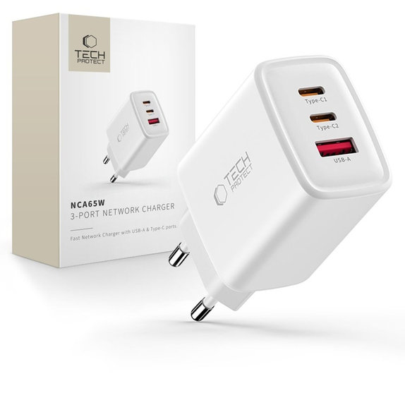 Omrežni polnilnik NCA65W-GAN 3-PORT PD 65W / QC3.0, bela, Tech-Protect