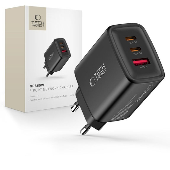 Omrežni polnilnik NCA65W-GAN 3-PORT PD 65W / QC3.0, črna, Tech-Protect