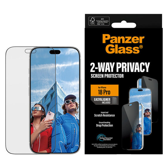 Kaljeno steklo UWF 2-Way Privacy z aplikatorjem za iPhone 18 Pro, Črna, PanzerGlass