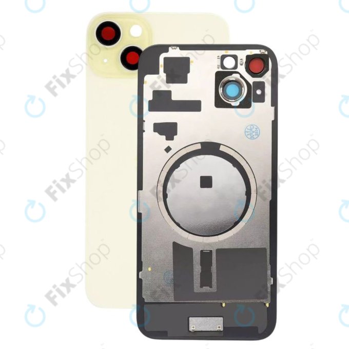 Apple iPhone 15 Plus - Steklo zadnjega ohišja + Leča kamere + Kovinska plošča + Magsafe magnet (Yellow)