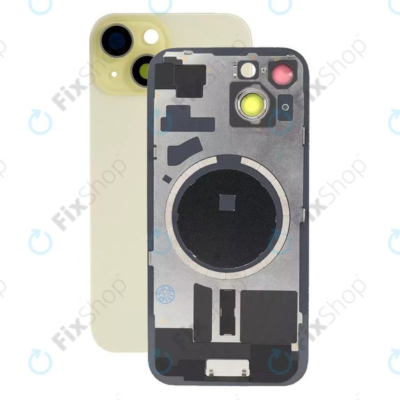 Apple iPhone 15 - Steklo zadnjega ohišja + Leča kamere + Kovinska plošča + Magsafe magnet (Yellow)