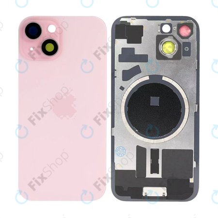 Apple iPhone 15 - Steklo zadnjega ohišja + Leča kamere + Kovinska plošča + Magsafe magnet (Pink)