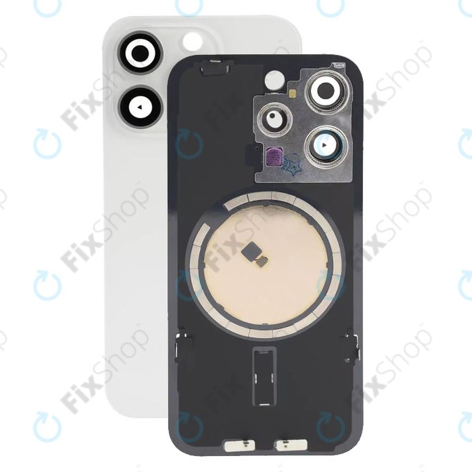 Apple iPhone 15 Pro - Steklo zadnjega ohišja + Leča kamere + Kovinska plošča + Magsafe magnet (White Titanium)