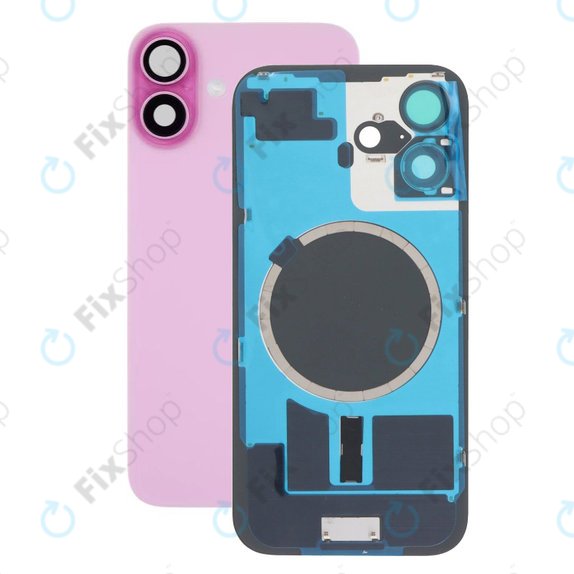 Apple iPhone 16 - Steklo zadnjega ohišja + Leča kamere + Kovinska plošča + Magsafe magnet (Pink)
