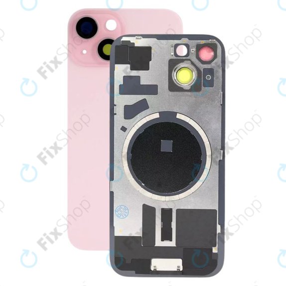 Apple iPhone 15 - Steklo zadnjega ohišja + Leča kamere + Kovinska plošča + Magsafe magnet (Pink)